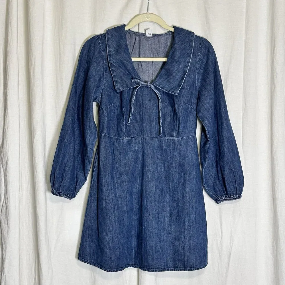 Old Navy Denim Dress Womens Petite S Fit & Flare Long Sleeve Collared Mini NEW! - Picture 2 of 10